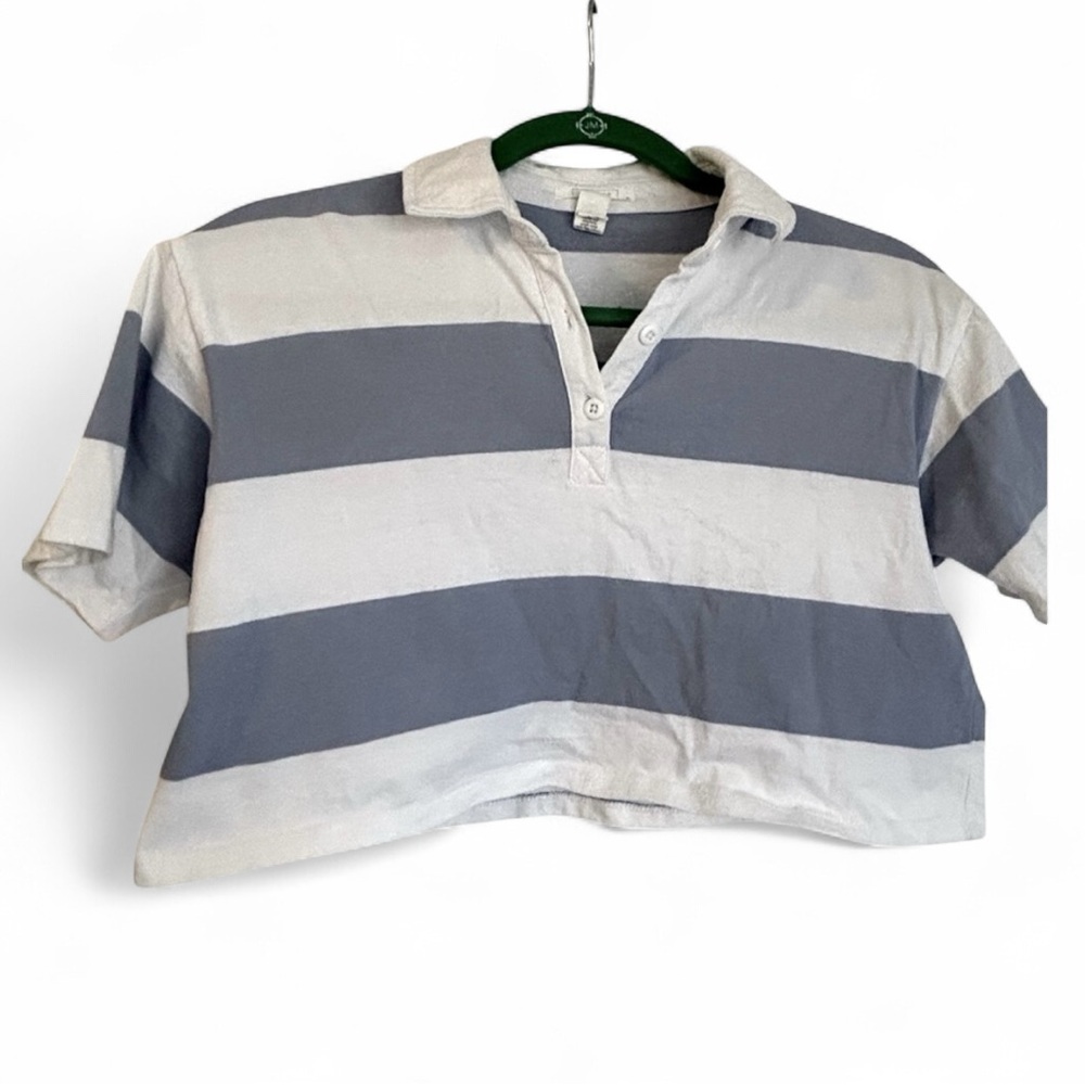 Tilly’s Full Tilt Slate Blue and White Striped Cropped Polo Shirt XS Academia